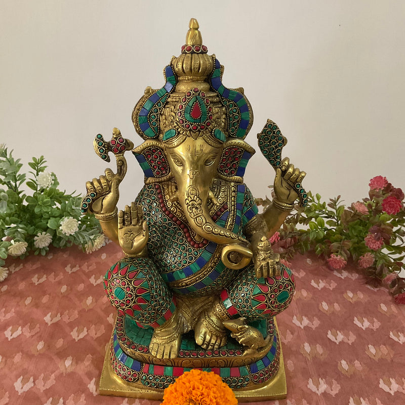 15 Inch Brass Ganesh Idol With Stonework - Ganpati Statue for Home, Housewarming Gift - Crafts N Chisel - Indian Home Decor USA