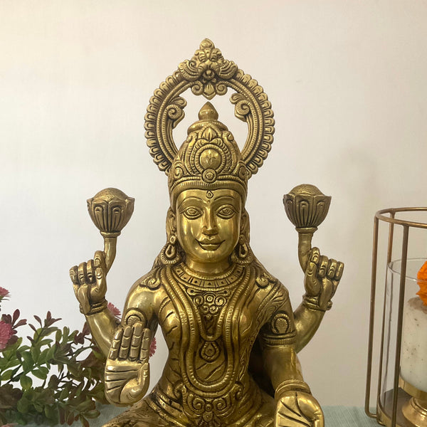 14 Inch Goddess Lakshmi Brass Idol - Goddess of Fortune, Wealth, Prosperity - Pooja Statue - Crafts N Chisel - Indian Home Decor USA