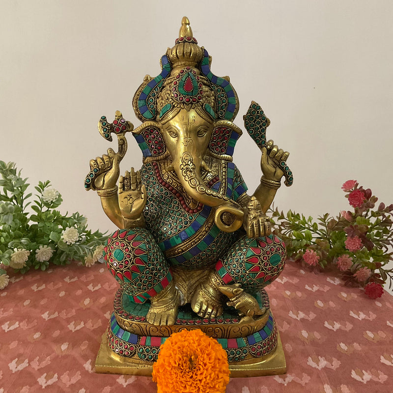 15 Inch Brass Ganesh Idol With Stonework - Ganpati Statue for Home, Housewarming Gift - Crafts N Chisel - Indian Home Decor USA