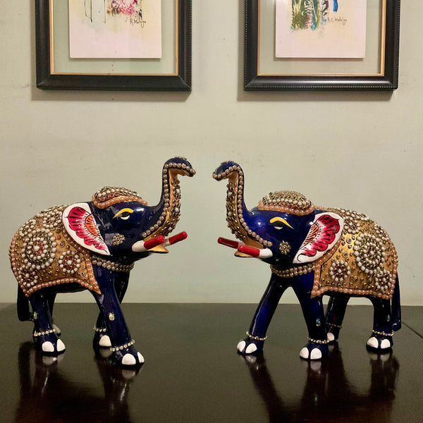 Handcrafted Decorative Metallic Elephant (Set of 2) - Meenakari Stonework - Animal Decor - Crafts N Chisel - Indian Home Decor USA