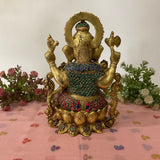 12 Inch Brass Ganesh Idol With Stonework For Home - Ganpati Pooja Statue