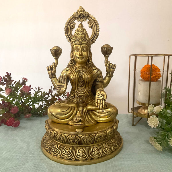 14 Inch Goddess Lakshmi Brass Idol - Goddess of Fortune, Wealth, Prosperity - Pooja Statue - Crafts N Chisel - Indian Home Decor USA