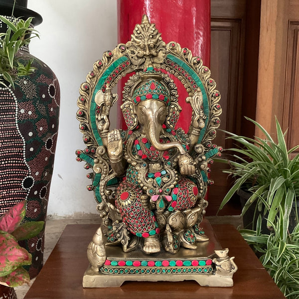 GOLDGIFTIDEAS 24K Gold Plated Dagdu Seth Ganesha Idol for Pooja Room,  Return Gifts, Ganesha Statue for Home (8 x 6.5 CM)