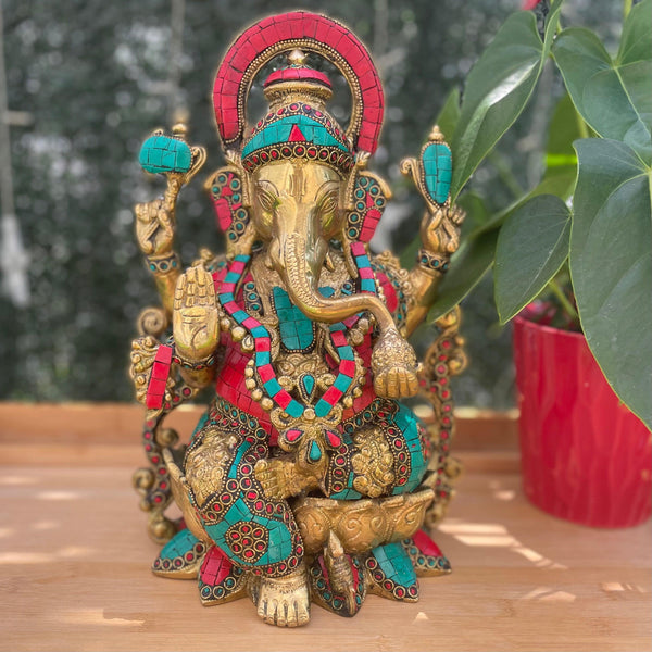 12 Inches Lord Ganesh Brass Idol - Ganpati Decorative Statue for Home Decor