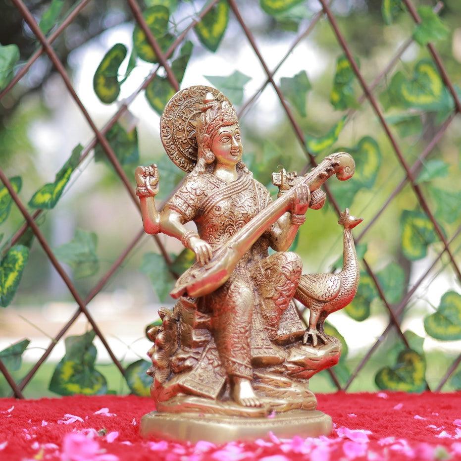 Goddess Saraswati Brass Idol Statue | Indian Decor | Crafts N Chisel