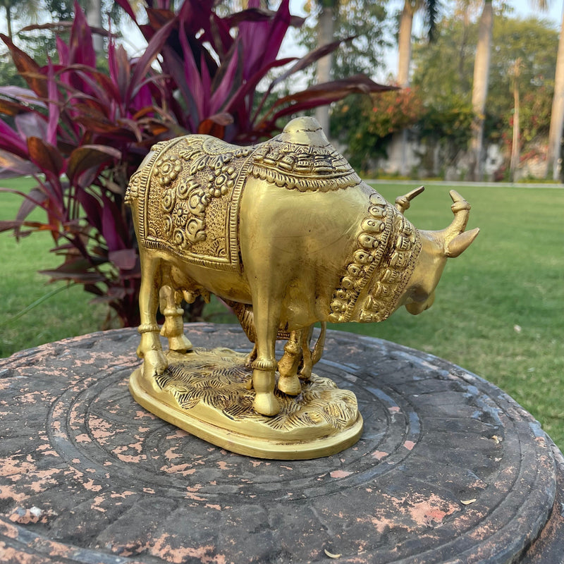 Kamadhenu Cow and Calf Set Brass Idol, Home Decor