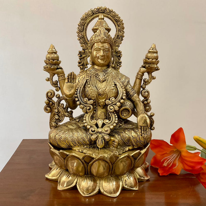 12.5 Inches Goddess Lakshmi Brass Idol, Pooja Statue