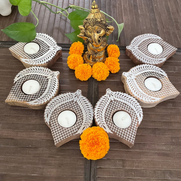 Tea Light Candle Holder Set Of 6 Diwali Decor Handmade Wooden
